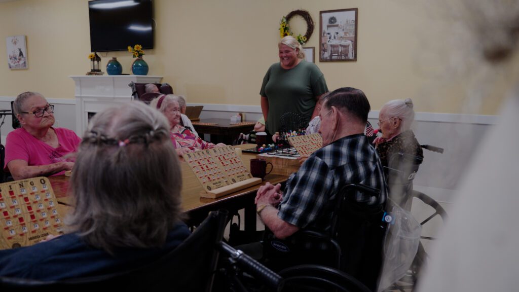 A bingo game at a skilled nursing facility